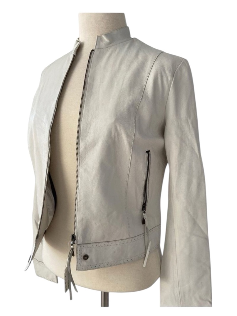 ALDO NWT Genuine Leather Jacket M Ivory Western Embroidered Fitted Moto Zip